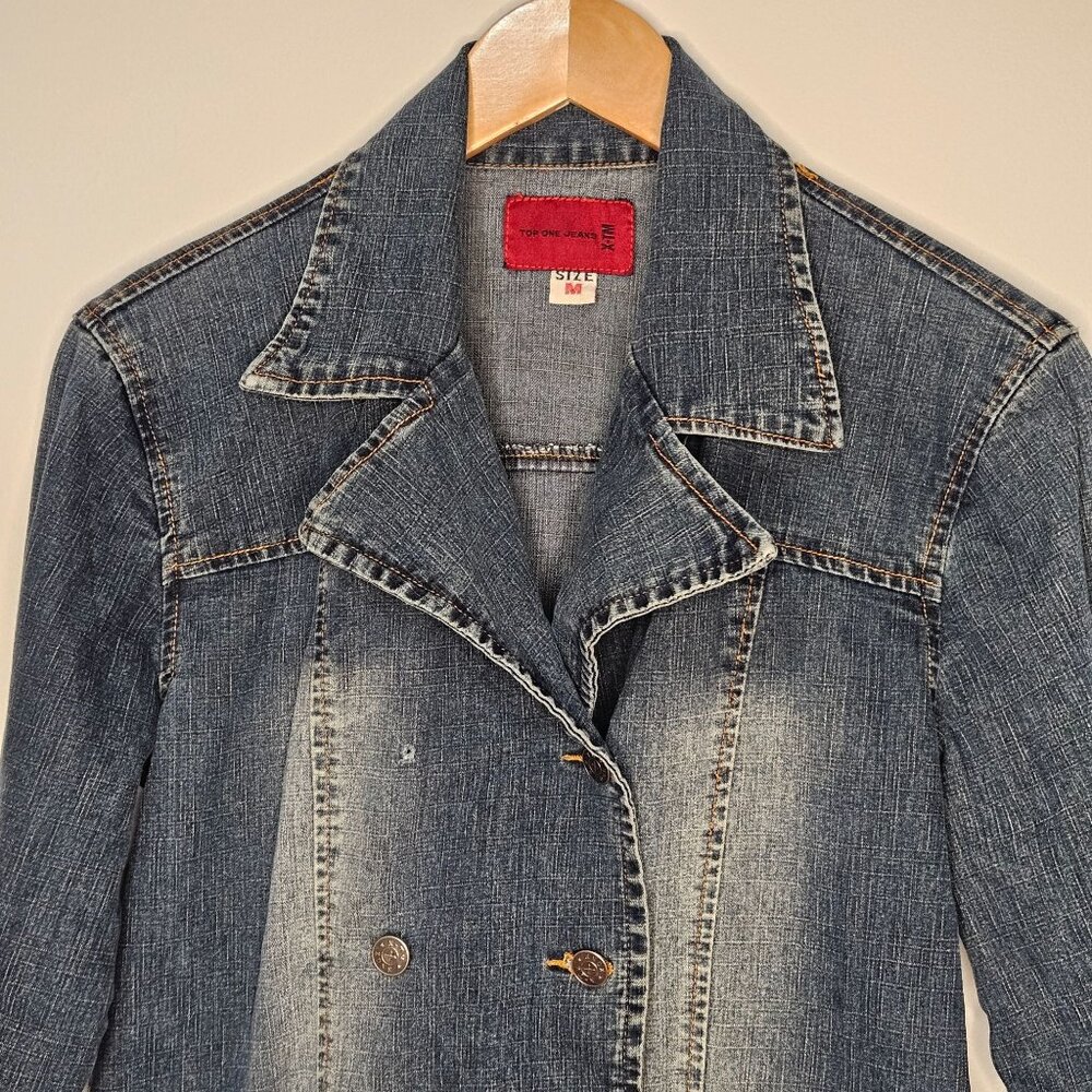 Womans distressed utility military style double breasted button up cotton denim - Picture 2 of 12